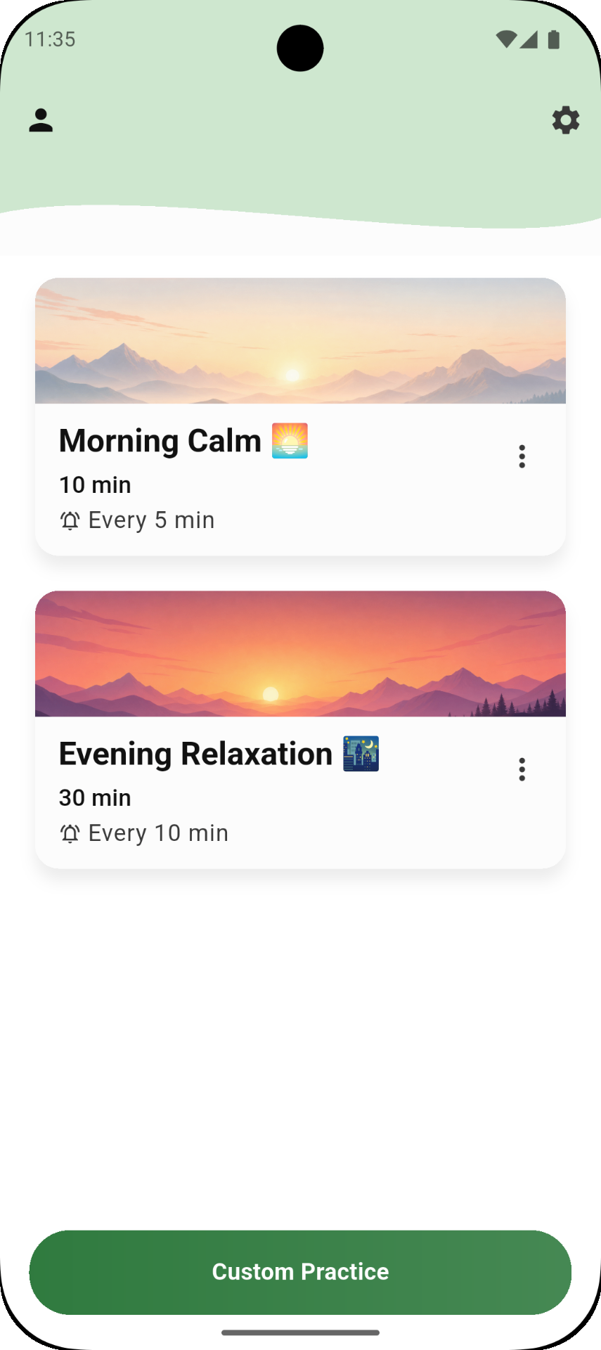Simply Meditate home screen showing meditation practices