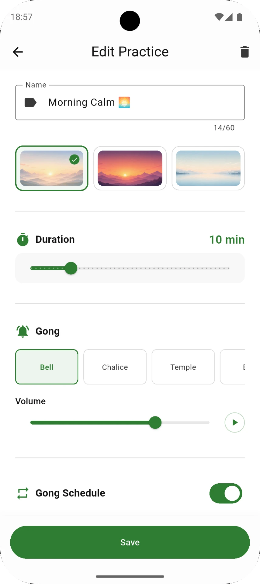 Editing a practice: duration, gong sound, volume and gong schedule