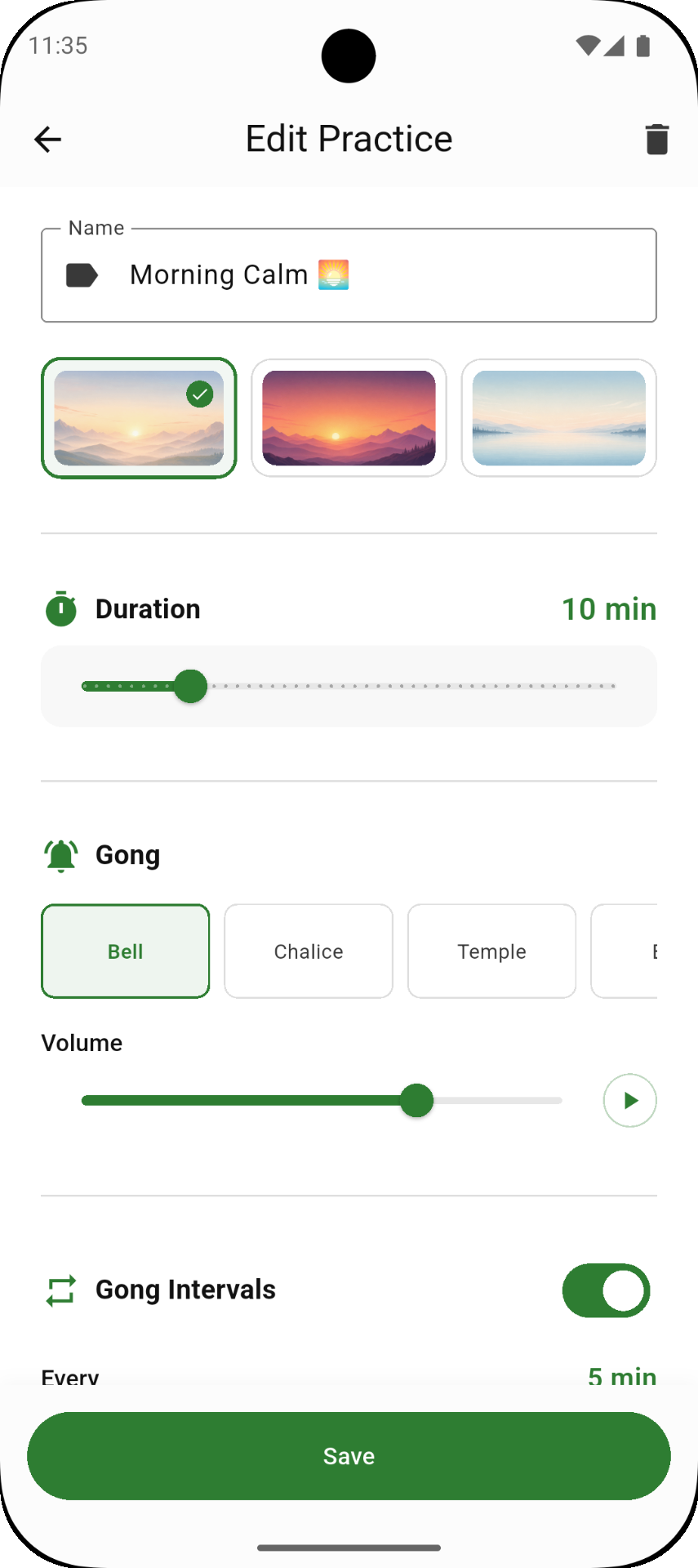 Editing a meditation practice with duration and gong settings